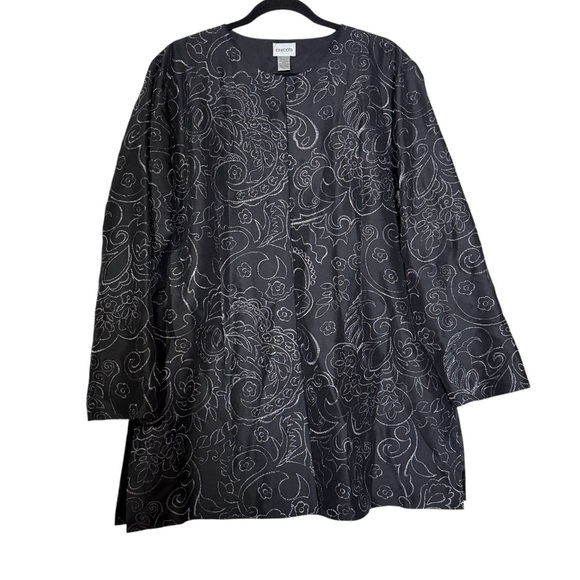 Chico's Embroidered Silk Duster Jacket Black and Silver Floral Longline Size XL - Picture 1 of 13
